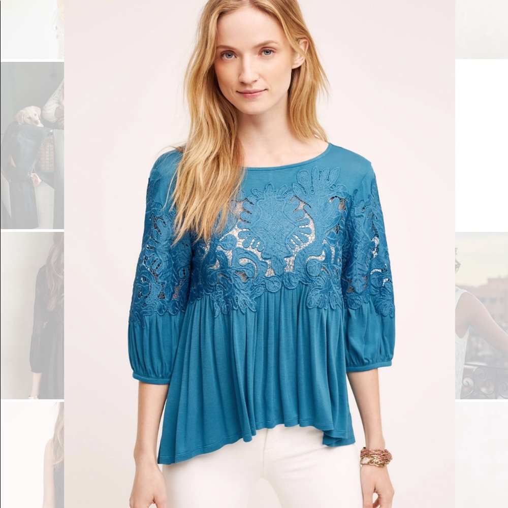 ANTHROPOLOGIE: Teal Neck Crochet Blouse